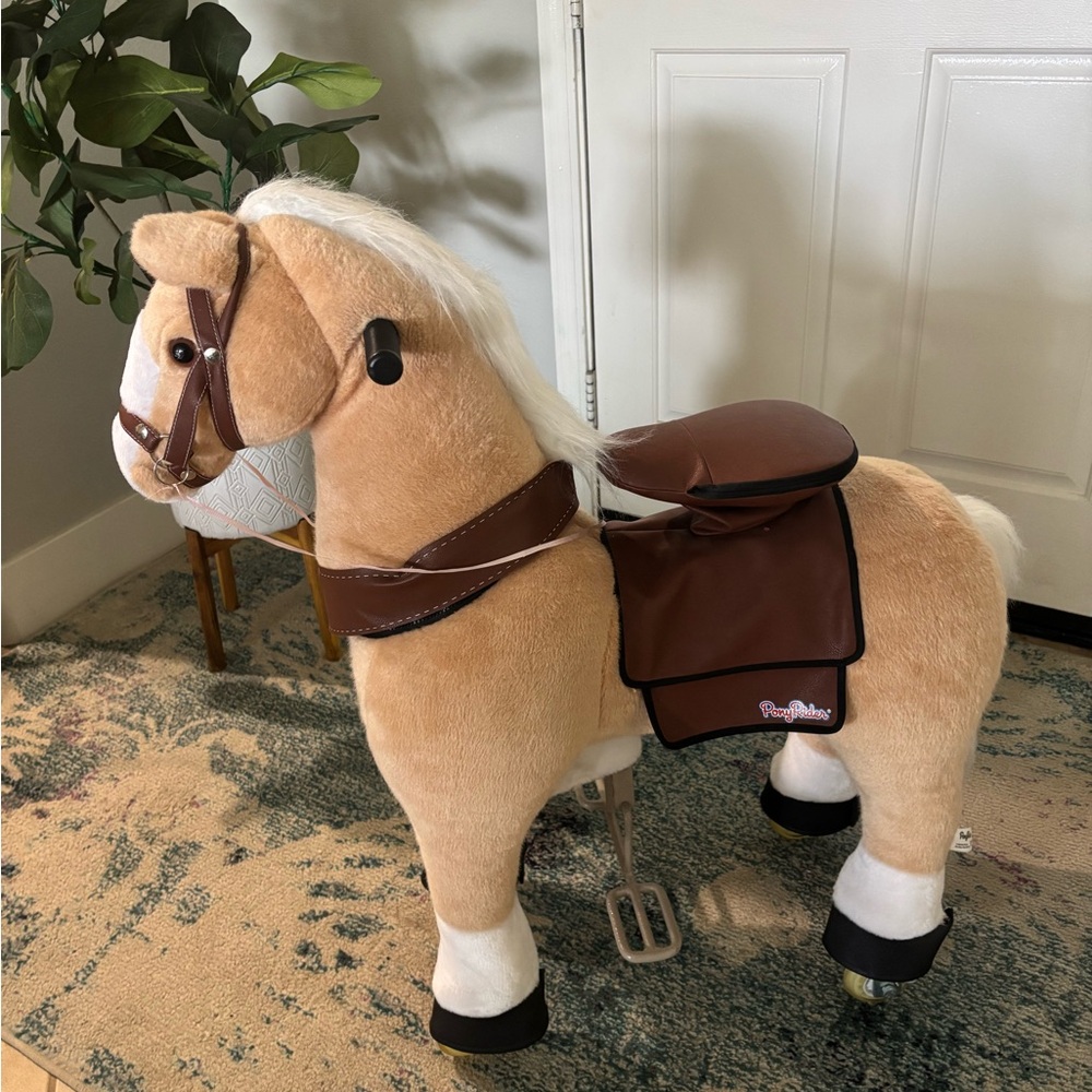 Plush Ride-On Horse in Tan with Brown Saddle